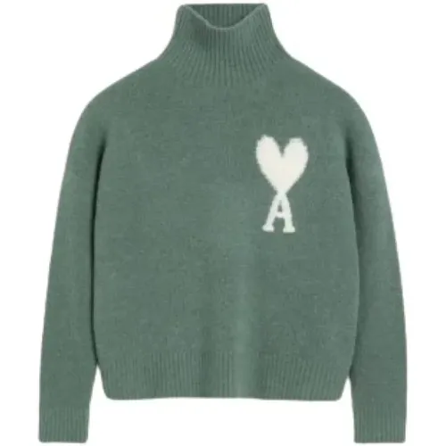 Grüner Winterpullover mit weißem Logo , Herren, Größe: L - Ami Paris - Modalova