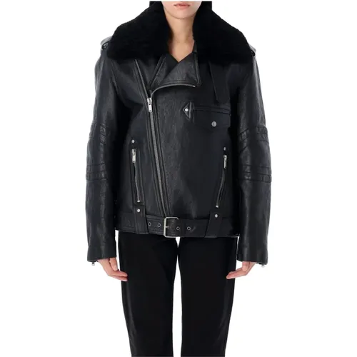 Schwarze Bikerjacke mit Shearling-Kragen - Saint Laurent - Modalova