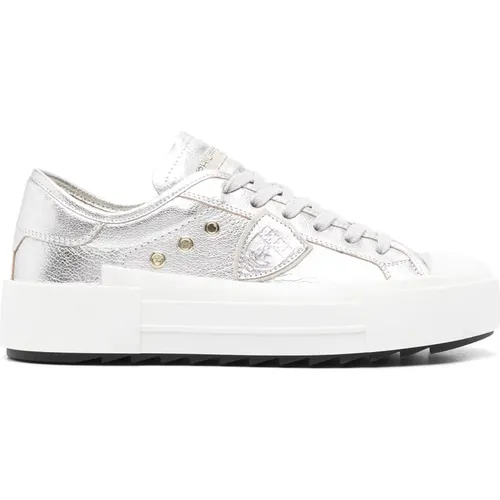 Metallische Leder Sneakers Gehämmerte Textur , Damen, Größe: 36 EU - Philippe Model - Modalova