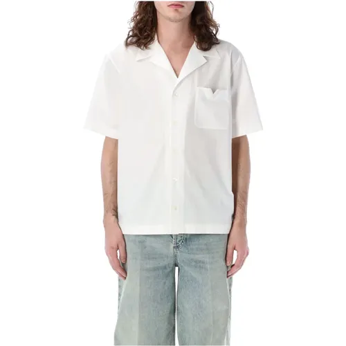 Tasche V-Detail Bowling Hemd,Weiße Boxy Fit Hemden mit V-Detail,Weiße Baumwoll-Bowlinghemd,Weißes V-Logo Cuban Collar Hemd - Valentino Garavani - Modalova