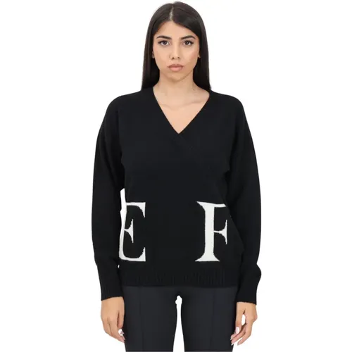 Schwarzer V-Ausschnitt Pullover mit Logo-Einlage , Damen, Größe: M - Elisabetta Franchi - Modalova