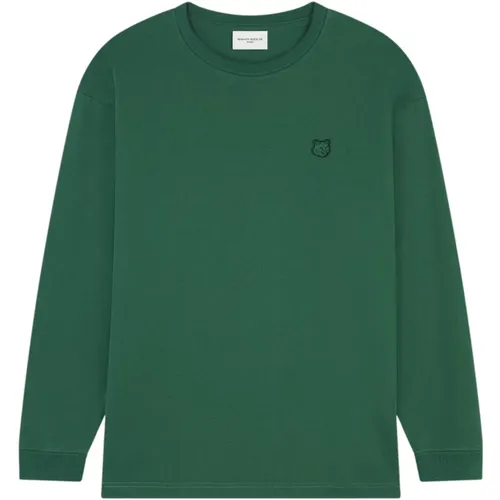 Grünes T-Shirt mit Mutigem Fuchskopf Patch , Herren, Größe: 2XL - Maison Kitsuné - Modalova