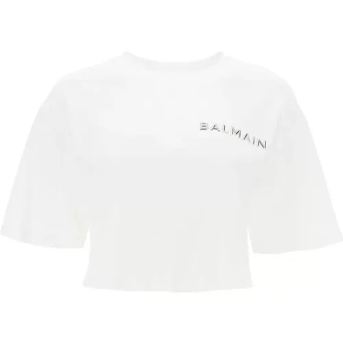 Cropped T-Shirt mit metallischem Logo , Damen, Größe: L - Balmain - Modalova