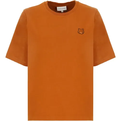 Braunes Baumwoll-T-Shirt mit Logo-Patch , Damen, Größe: S - Maison Kitsuné - Modalova