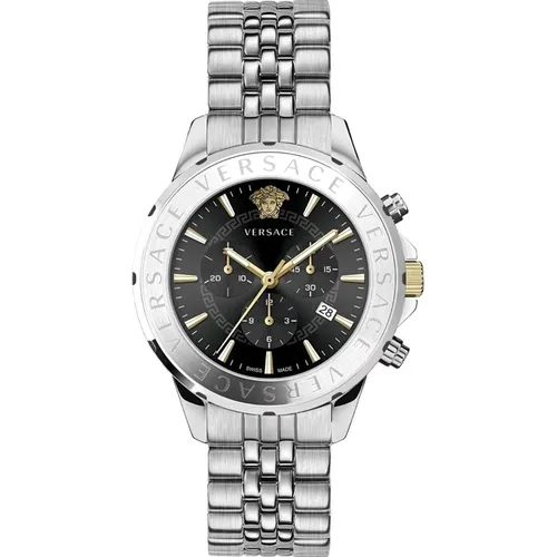 Chronograph Signature Steel Black Dial Watch , male, Sizes: ONE SIZE - Versace - Modalova