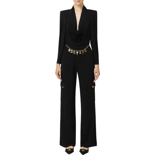 Schwarzer Viskose Jumpsuit Set Damen,Eleganter Schwarzer Jumpsuit mit Charms Gürtel - Elisabetta Franchi - Modalova