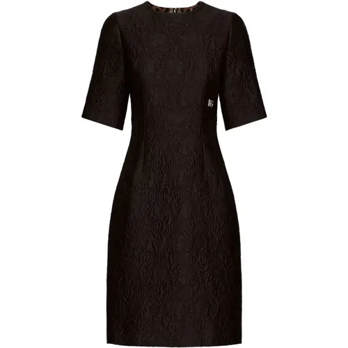 Schwarzes Brokat-Logo-Ausgestelltes Kleid - Dolce & Gabbana - Modalova