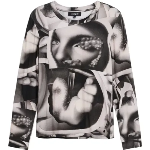 Grey Printed Long Sleeve T-shirt , female, Sizes: L, M, S, XS - Desigual - Modalova