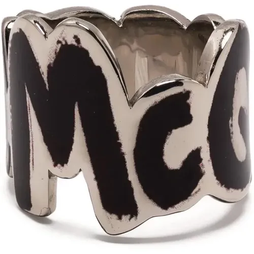 Silver/Black Graffiti Logo Ring , male, Sizes: 58 MM - alexander mcqueen - Modalova