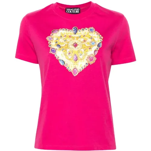 Fuchsia Baumwoll T-Shirt mit Herzlogo , Damen, Größe: M - Versace Jeans Couture - Modalova