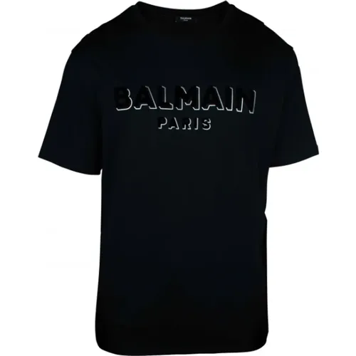 Schwarzes Texturiertes Logo Rundhals T-shirt,Schwarze T-Shirts und Polos von - Balmain - Modalova