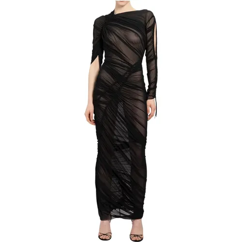 Schwarzes Mesh Gerafftes Asymmetrisches Ärmelkleid - Atlein - Modalova