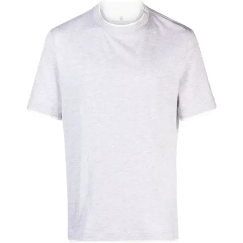 Kontrastdetail Baumwoll-T-Shirt,Graues Baumwoll-T-Shirt für Männer - BRUNELLO CUCINELLI - Modalova