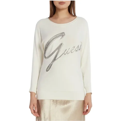 Leichter Pullover mit Strass-Logo - Weiß , Damen, Größe: M - Guess - Modalova