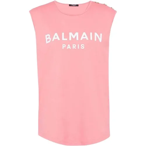 Lachs- und weiße Baumwoll-T-Shirt - Balmain - Modalova