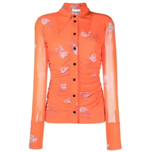 Printed Mesh Ruched Shirt, Orangeade Color , female, Sizes: XS - Ganni - Modalova