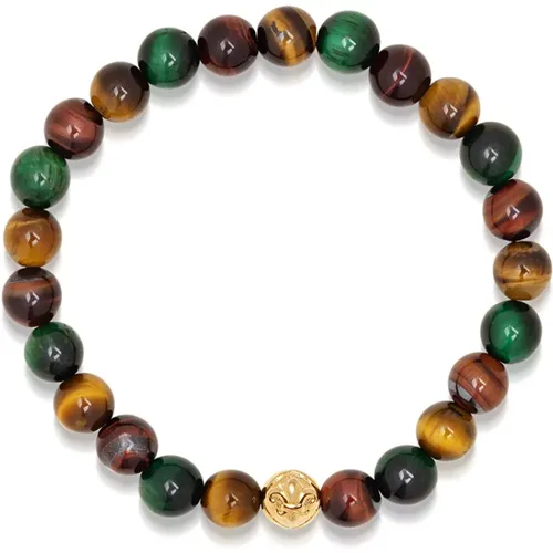 Men's Wristband with Colorful Tiger Eye and Gold , male, Sizes: M, L, XL - Nialaya - Modalova