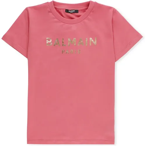Rosa Junior Baumwoll T-Shirt mit Metallic Logo - Balmain - Modalova