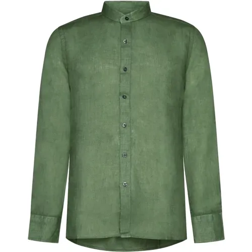 Grünes Leinenhemd mit Bandkragen - 120% lino - Modalova