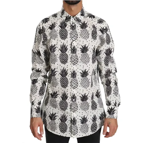 Weißes Baumwoll-Freizeithemd Ananas-Print , Herren, Größe: XS - Dolce & Gabbana - Modalova