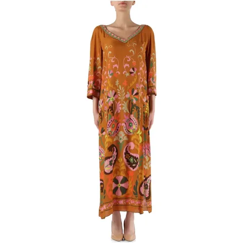 V-neck caftan dress with decorative print , female, Sizes: XS, S, M, L - Maliparmi - Modalova