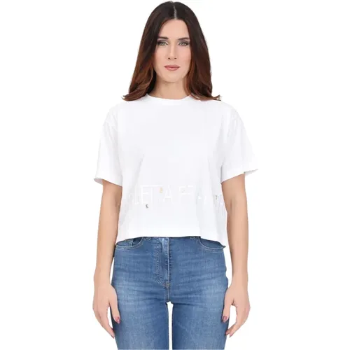 Oversize Weißes T-Shirt mit Logo und Charms , Damen, Größe: M - Elisabetta Franchi - Modalova