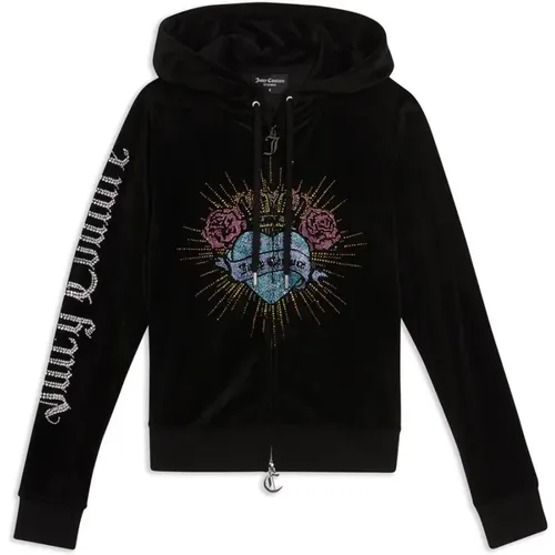 Schwarzer Samt-Zip-Hoodie mit Sacred Heart , Damen, Größe: M - Juicy Couture - Modalova