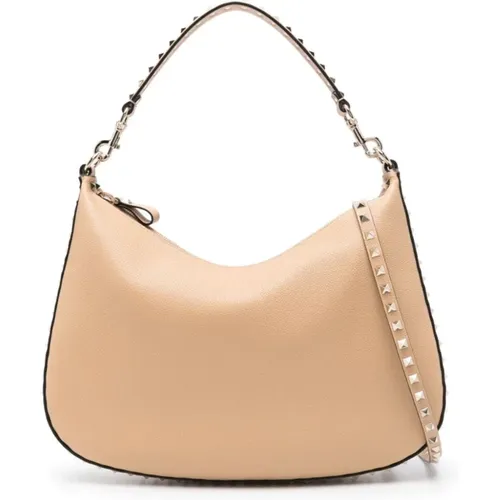 Beige Hammered Leather Hobo Bag with Platinum Studs , female, Sizes: ONE SIZE - Valentino Garavani - Modalova