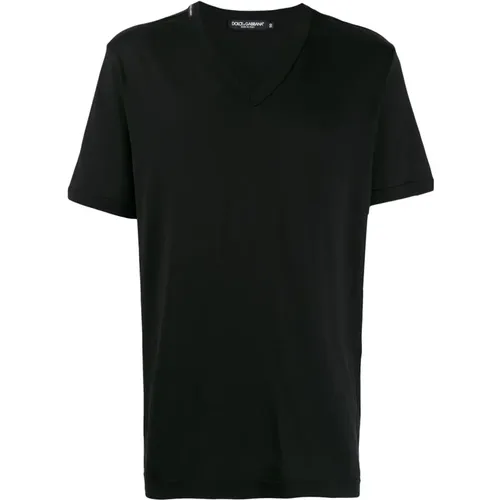 Schwarzes V-Ausschnitt T-Shirt mit Logo - Dolce & Gabbana - Modalova