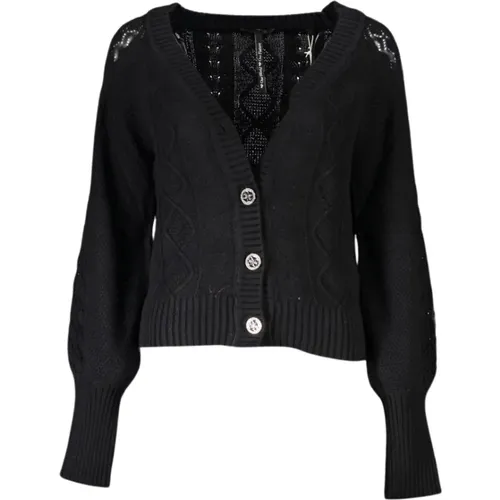 Elegante schwarze Strickjacke mit Kontrastdetails , Damen, Größe: XS - Guess - Modalova