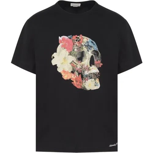 Blumiges Skull T-Shirt in Schwarz , Herren, Größe: L - alexander mcqueen - Modalova