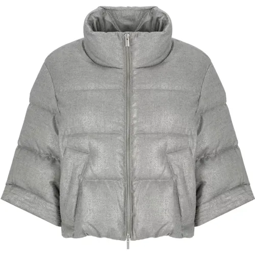 Quilted Grey Down Jacket 3/4 Sleeves , female, Sizes: S - PESERICO - Modalova