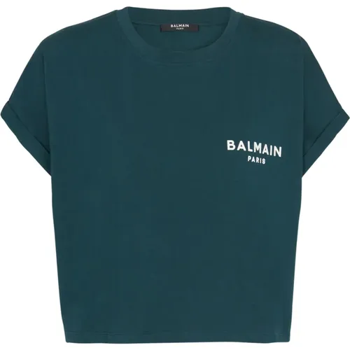 Kurzes Paris T-Shirt mit beflocktem Print , Damen, Größe: M - Balmain - Modalova
