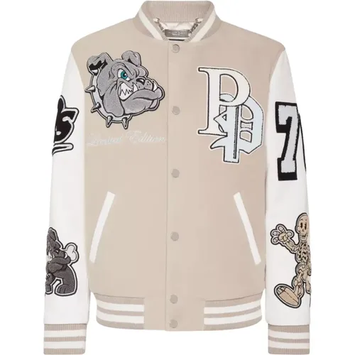 Beige-weiße Bulldogs Bomberjacke mit Patches - Philipp Plein - Modalova