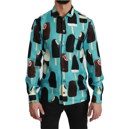 Exclusive Ice Cream Print Silk Blend Shirt , male, Sizes: XS - Dolce & Gabbana - Modalova