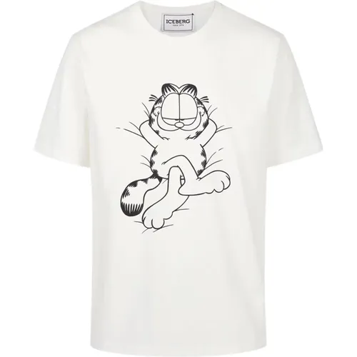 Weißes Baumwoll-Jersey T-Shirt mit Lazy Garfield-Druck , Herren, Größe: 2XL - Iceberg - Modalova