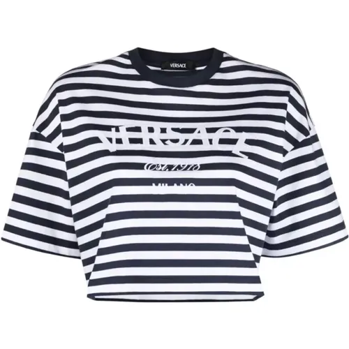 Nautical Stripes Logo Cropped T-Shirt , female, Sizes: 2XS, S, XS - Versace - Modalova