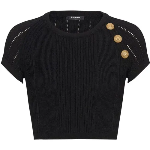 Schwarzer Cropped Pullover mit Goldknöpfen - Balmain - Modalova