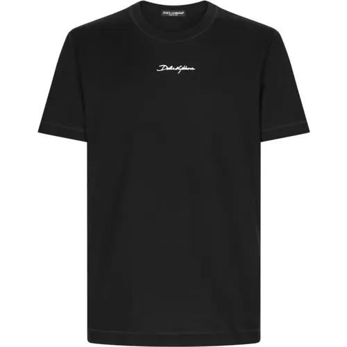 Schwarzes Baumwoll-T-Shirt mit weißem Logo - Dolce & Gabbana - Modalova