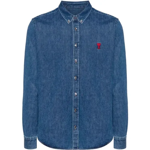 Denim Shirt with Heart Monogram , male, Sizes: S - Ami Paris - Modalova