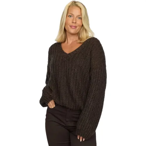 Brauner Strick V-Ausschnitt Pullover für Frauen , Damen, Größe: 2XL - 2-Biz - Modalova