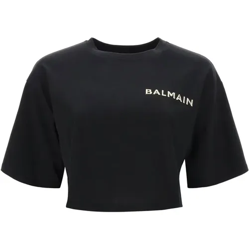 Cropped T-Shirt mit metallischem Logo , Damen, Größe: XS - Balmain - Modalova