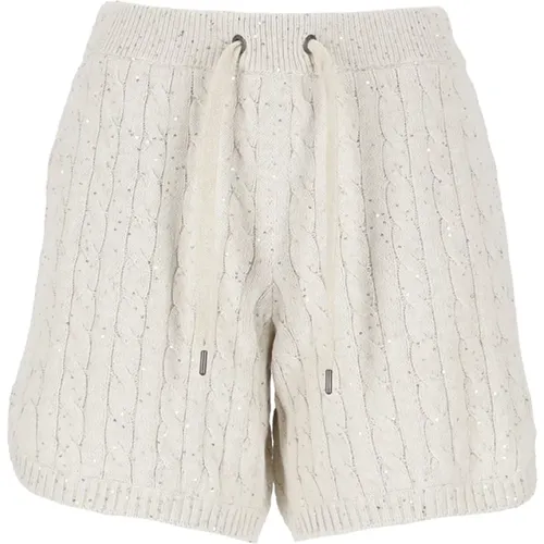 Ivory Cotton Shorts with Braided Pattern and Sequin Details , female, Sizes: M, S - BRUNELLO CUCINELLI - Modalova
