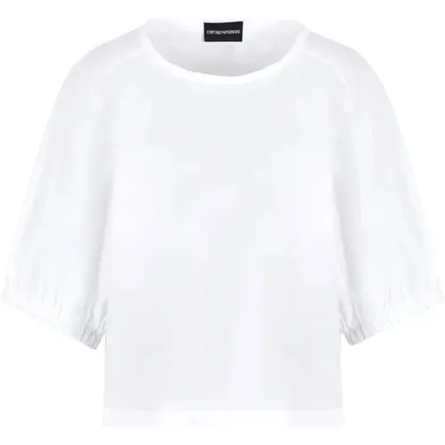 Weiße Popeline-Bluse mit Kurzen Ärmeln und Gebundenen Bändern , Damen, Größe: M - Emporio Armani - Modalova
