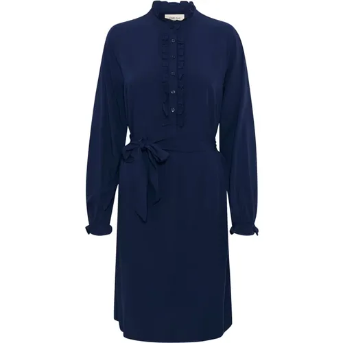 Navy Frill Kleid mit Kinakragen , Damen, Größe: L - Cream - Modalova