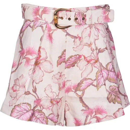 Short Shorts,Blumenmuster hohe Taille Rock,Rosa Leinen-Shorts mit Blumenmuster und Gürtel - Zimmermann - Modalova