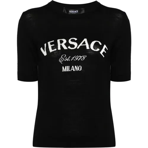 Schwarzer Strickpullover Milan Logo , Damen, Größe: XS - Versace - Modalova