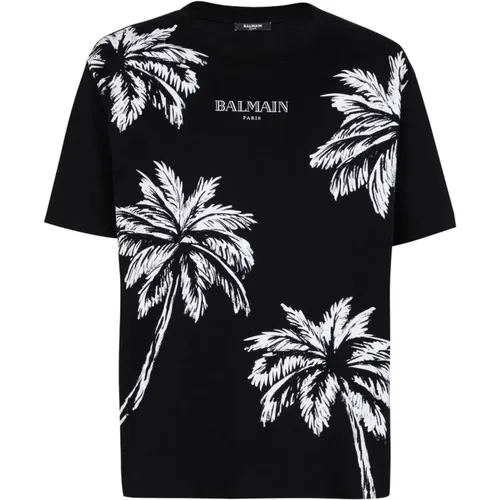 Schwarzes Baumwoll-Jersey-Logo-Print-T-Shirt , Herren, Größe: L - Balmain - Modalova