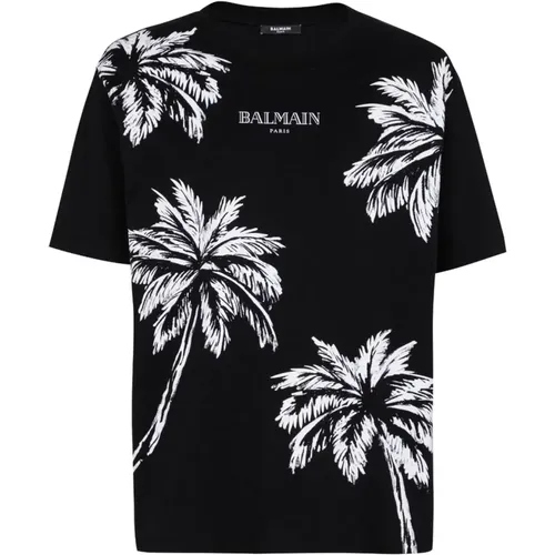 Schwarzes Baumwoll-Jersey-Logo-Print-T-Shirt , Herren, Größe: XL - Balmain - Modalova