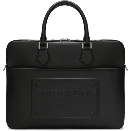 Calfskin Briefcase with Logo Plate , male, Sizes: ONE SIZE - Dolce & Gabbana - Modalova
